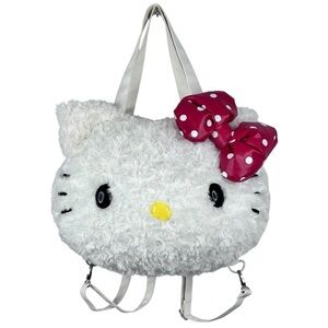 Sanrio X-Large Hello Kitty Head White Plush Red Bow Convertible Backpack Purse